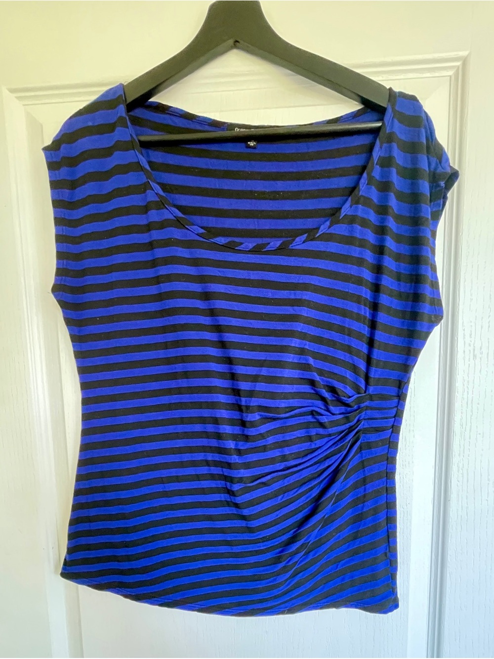 Striped Blue and Black Cap-Sleeve Rouched Front Top